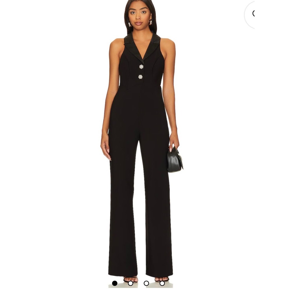 LIKELY Rivington Jumpsuit Black Satin Trim Crystal Button Wide Leg Size 2